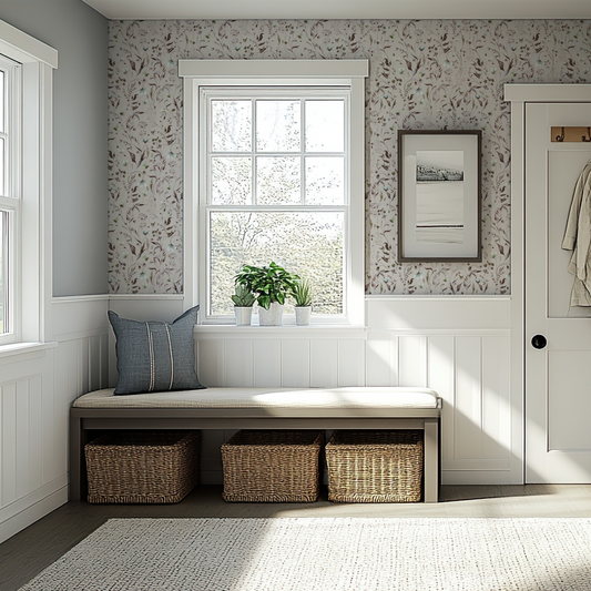 Grey wild flower and leaf wallpaper by Claret & Key