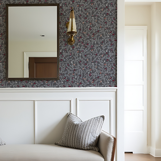 Red & Grey watercolour Flower and leaves wallpaper by Claret & Key