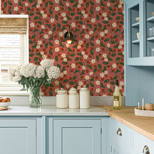 Coral hand drawn strawberry and blossom wallpaper by Claret & Key