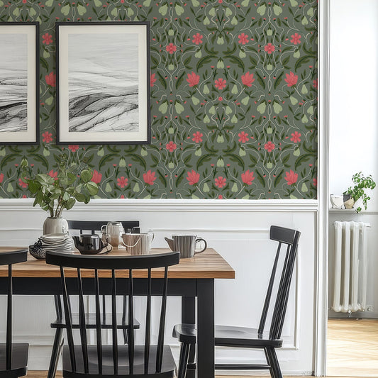 Green and red hand drawn custom pear tree wallpaper by Claret & Key
