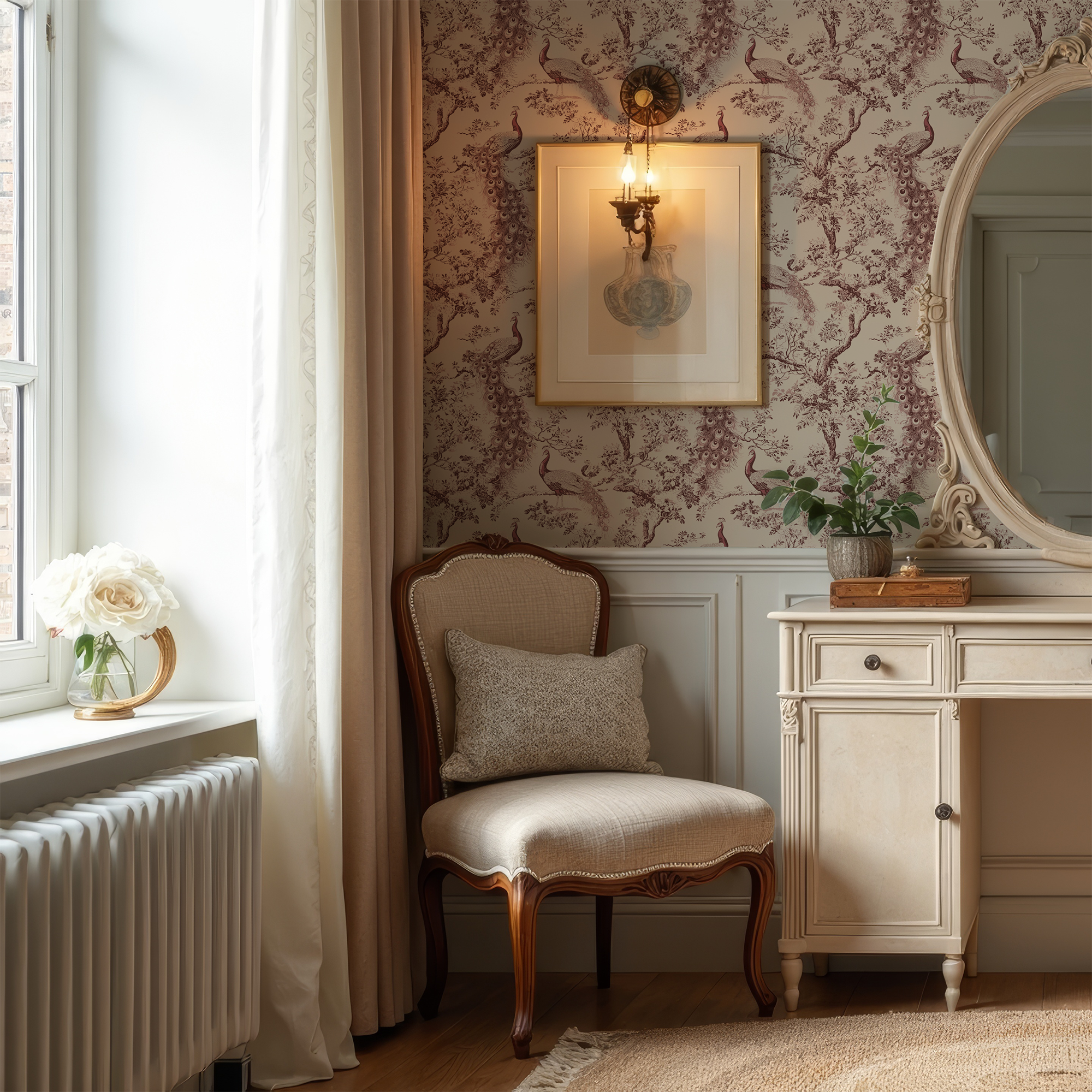 Kathani | Elegant Peacock Toile Wallpaper by Claret & Key