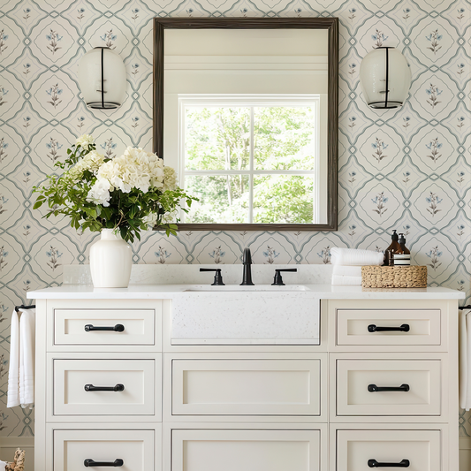 Blue vintage floral pattern wallpaper by Claret & Key