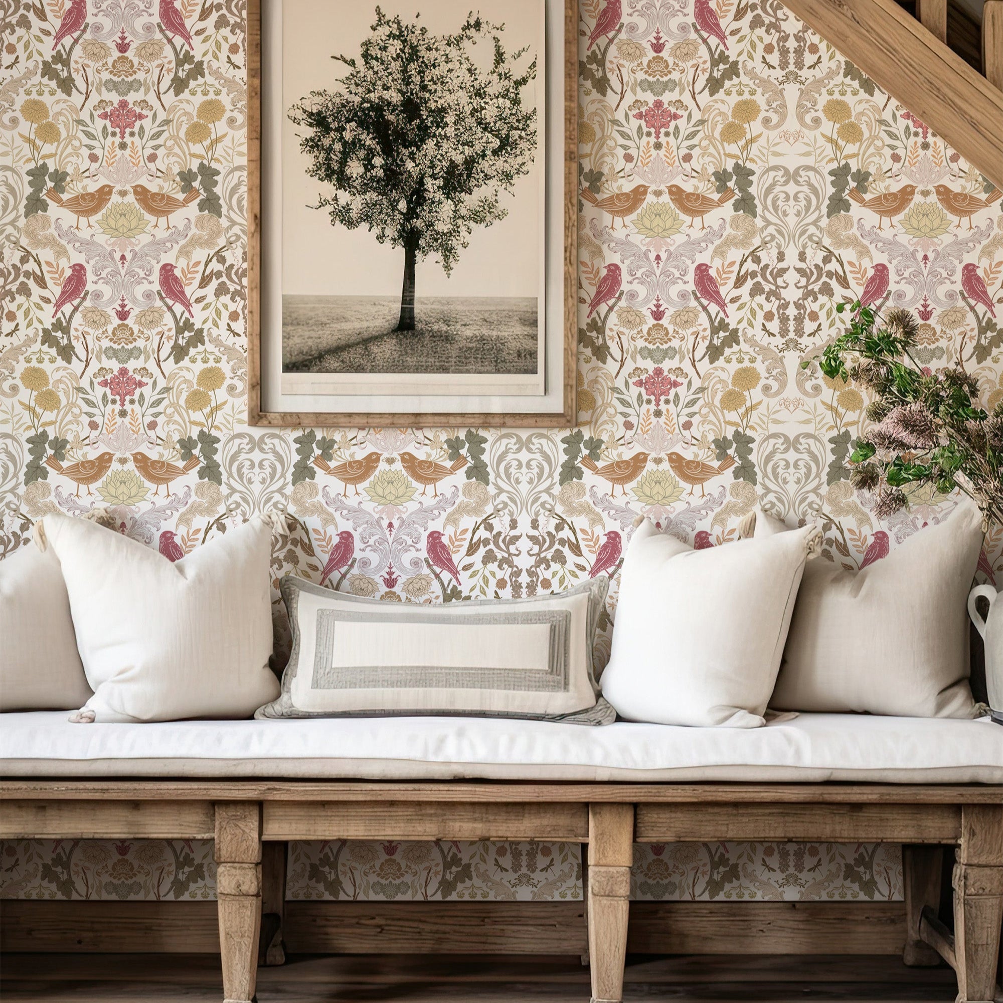 English countryside leaf and bird wallpaper by Claret & Key