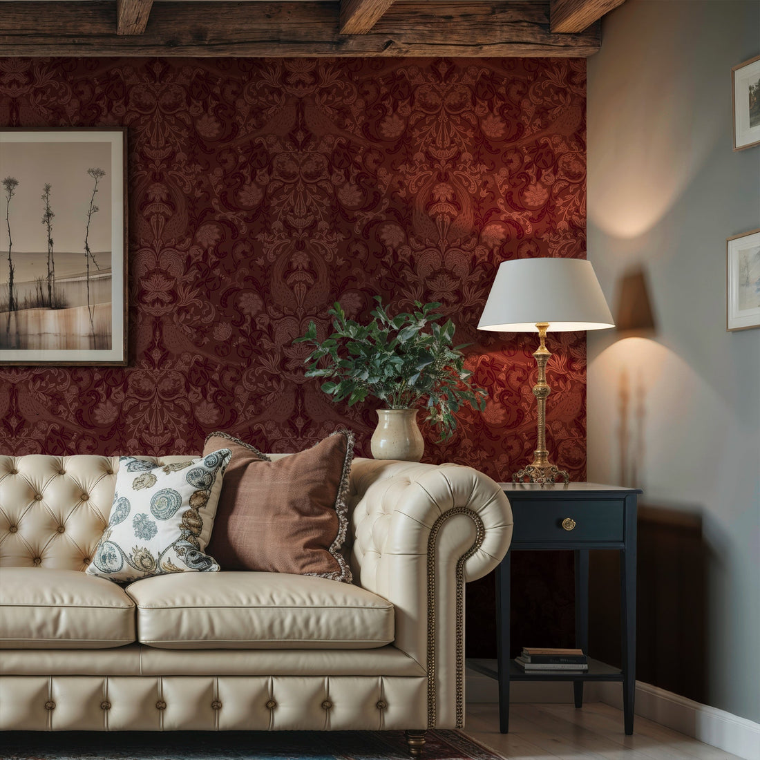 Bold & Warm-Tone Floral Wallpaper: Rich Blooms in Red, Mustard & Plum