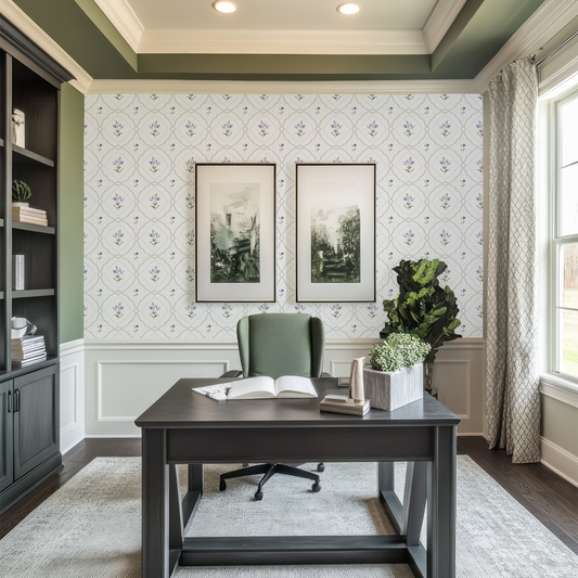 Sage Green & Purple vintage floral pattern wallpaper by Claret & Key 