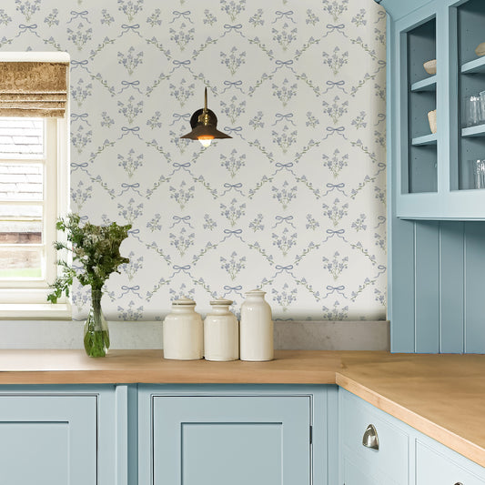 Odette Wallpaper in a blue kitchen