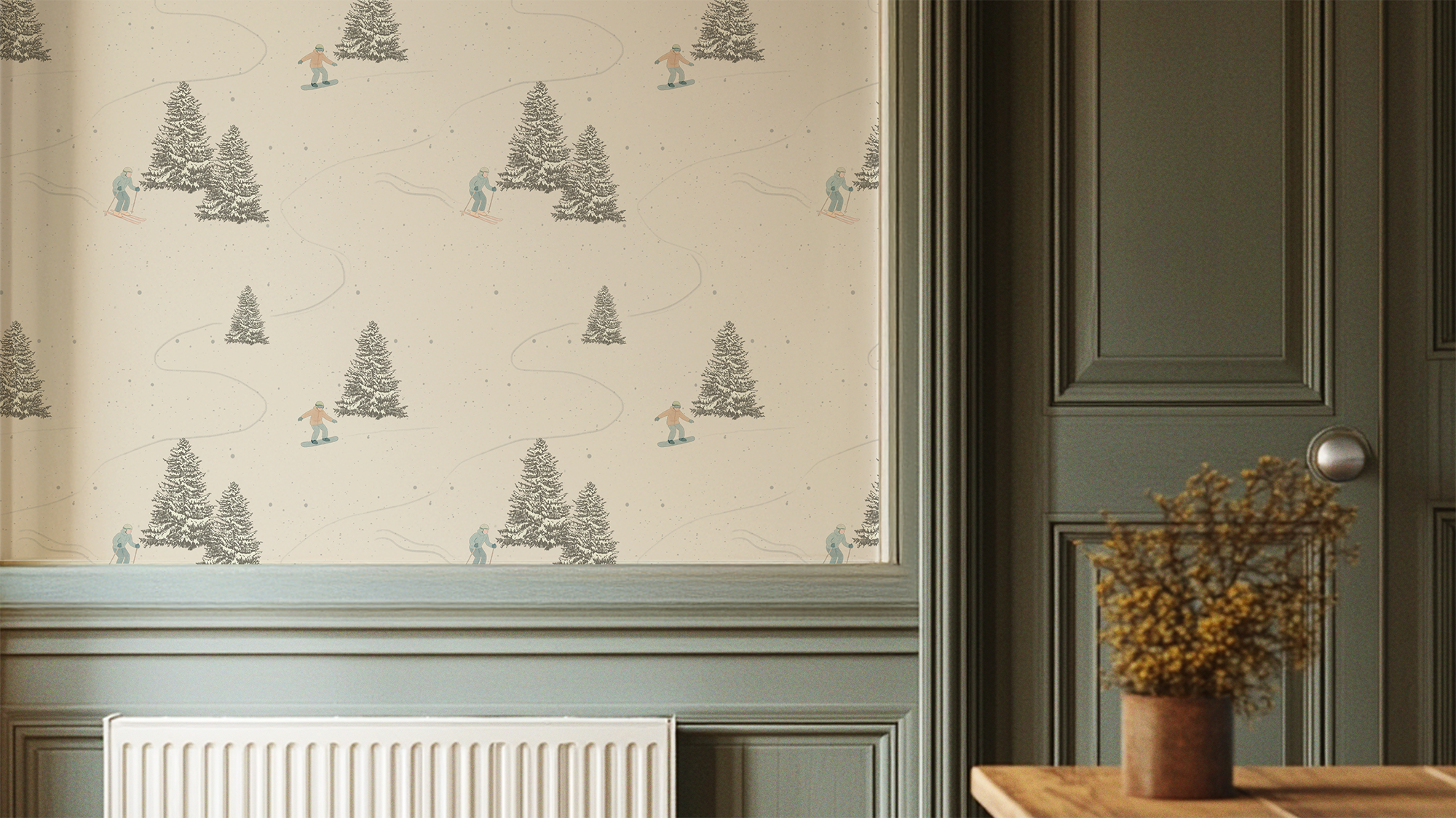 The Chalet Noir Collection Header Image featuring wallpaper of snowboarders and skiers in the snow.