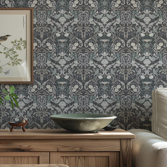 Dark grey english countryside leaf and bird wallpaper by Claret & Key
